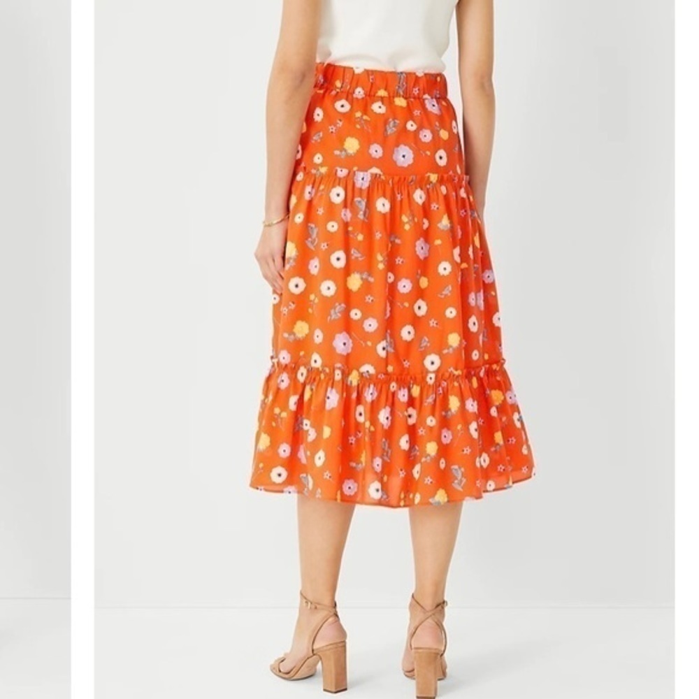 Ann Taylor Floral Gathered flounce Tiered Midi Skirt in Orange Spark Size S - Picture 2 of 10